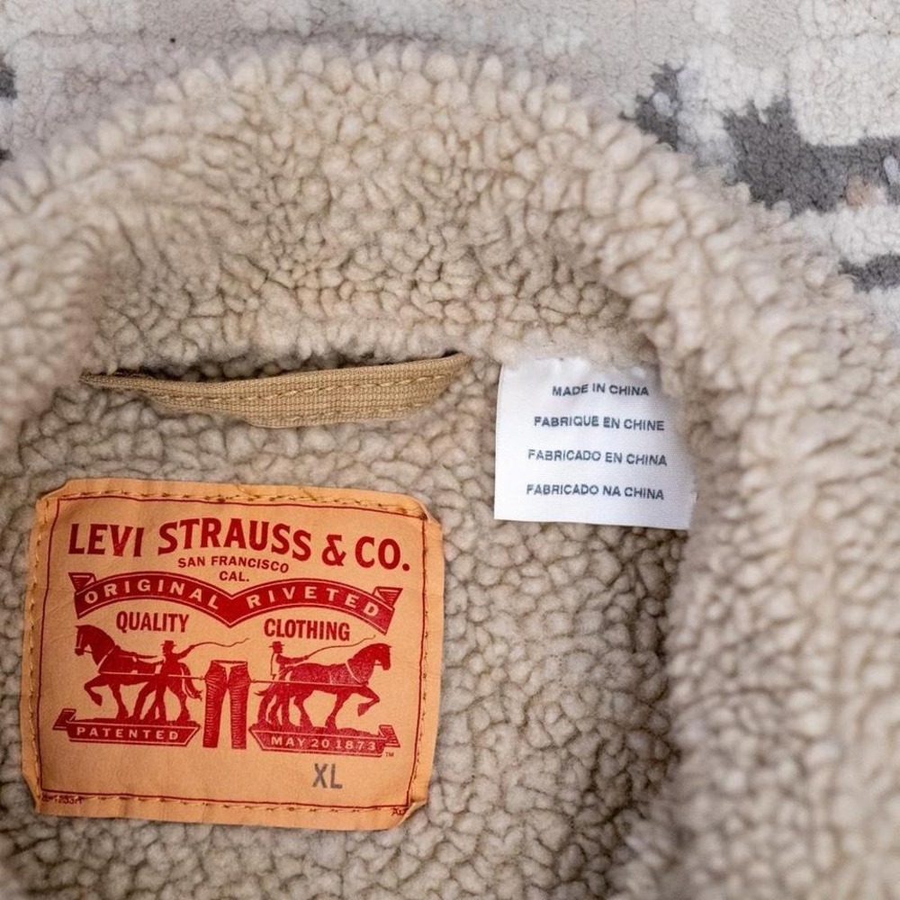 Levis Sherpa Lined Trucker Jacket Tan Canvas Mens XL Vintage Style Coat - Picture 5 of 5